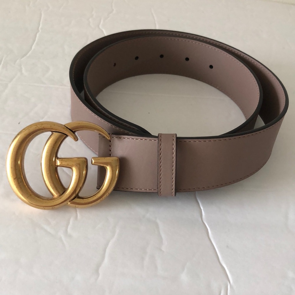 Gucci Authentic Double G  Leather Belt Moon Porcelain Rose 85/34, 1.5" wide